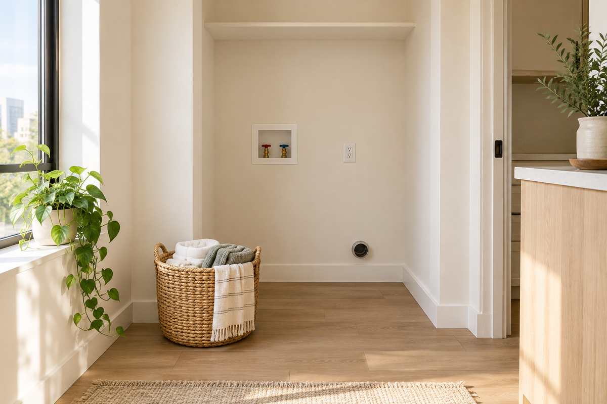 Empty compact apartment laundry alcove with unlabeled water connections, an electrical outlet, woven basket, folded towels and houseplants