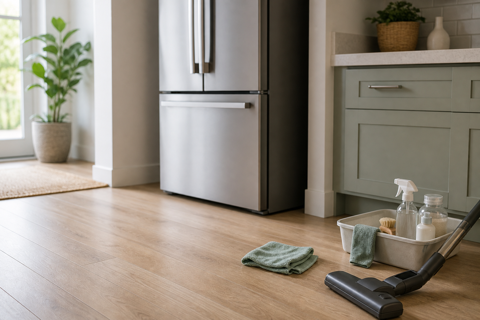 Bright modern kitchen with a refrigerator resting on the floor beside a microfiber cloth and cleaning tools