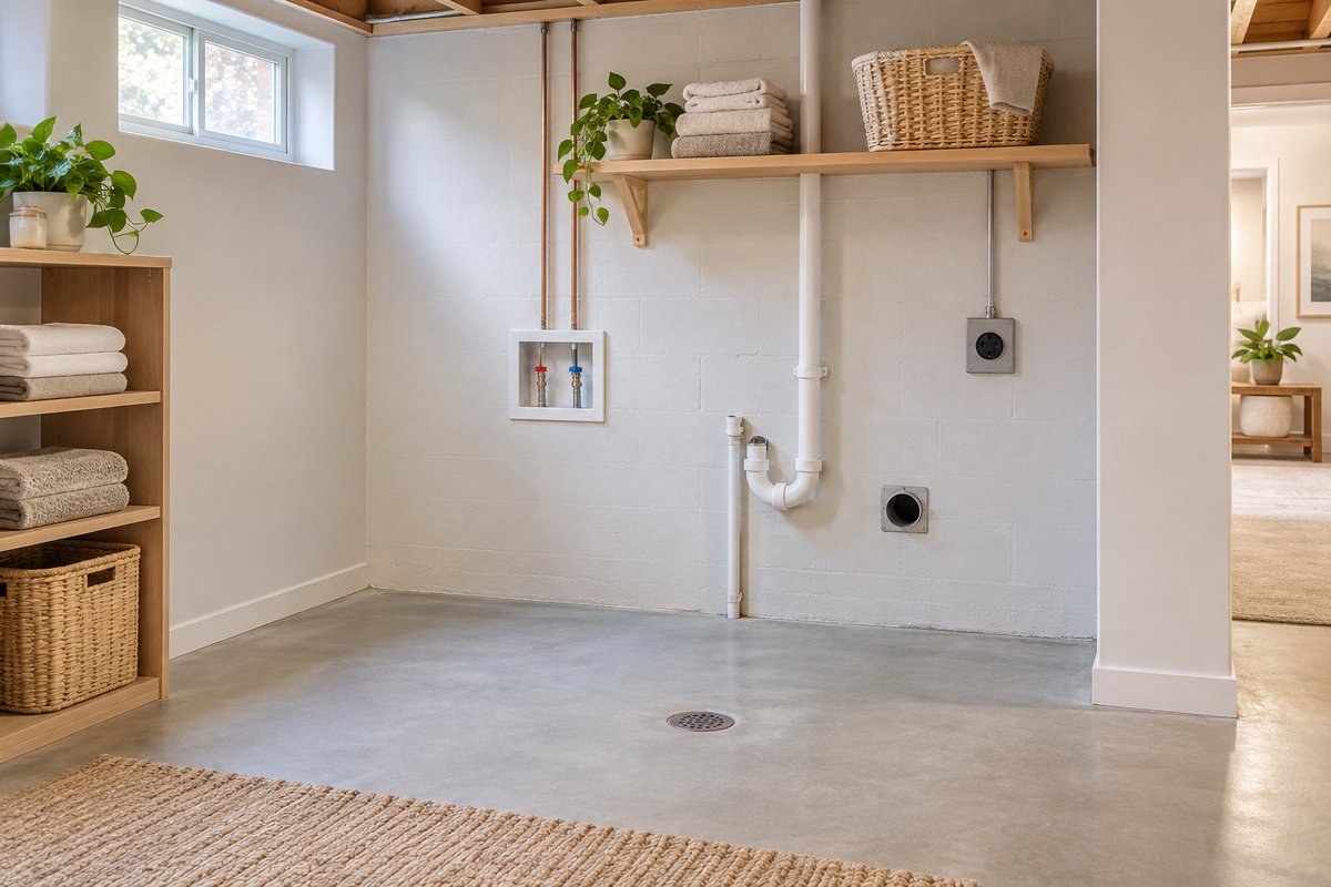 Bright finished basement laundry installation area with pale masonry walls, exposed utility connections, shelving and a floor drain before appliances are installed