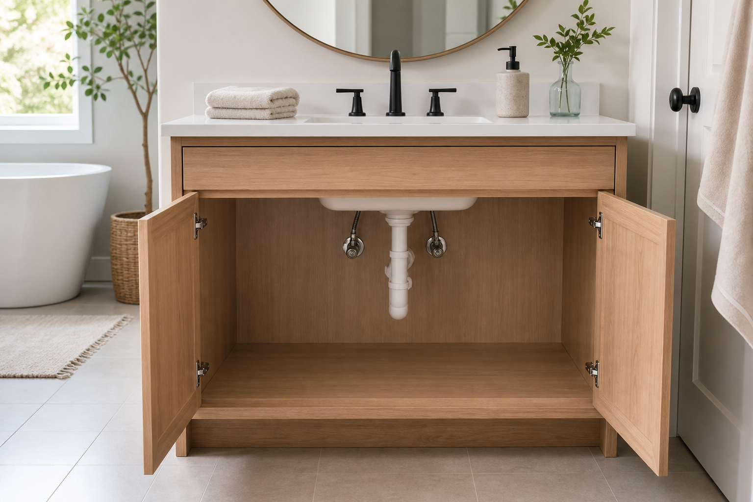 Open empty light wood bathroom vanity showing clear drain plumbing beneath an unbranded sink in a bright residential bathroom