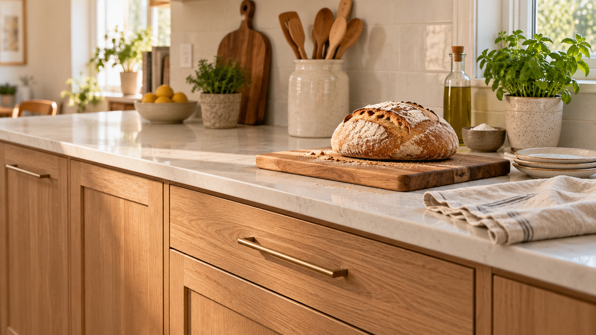 Warm home kitchen with a closed wood drawer, whole rustic loaf, cutting board and neatly cleared countertop