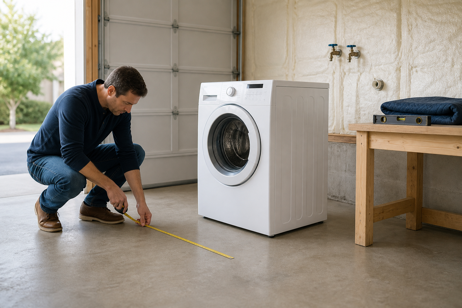 Homeowner measuring a clean garage laundry area beside an unbranded washer standing directly on a concrete floor