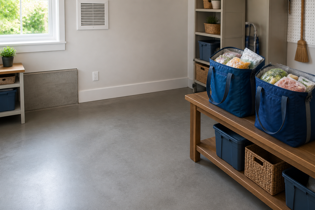 Bright home utility room with a dry level floor, clear wall outlet and frozen groceries in unbranded insulated bags