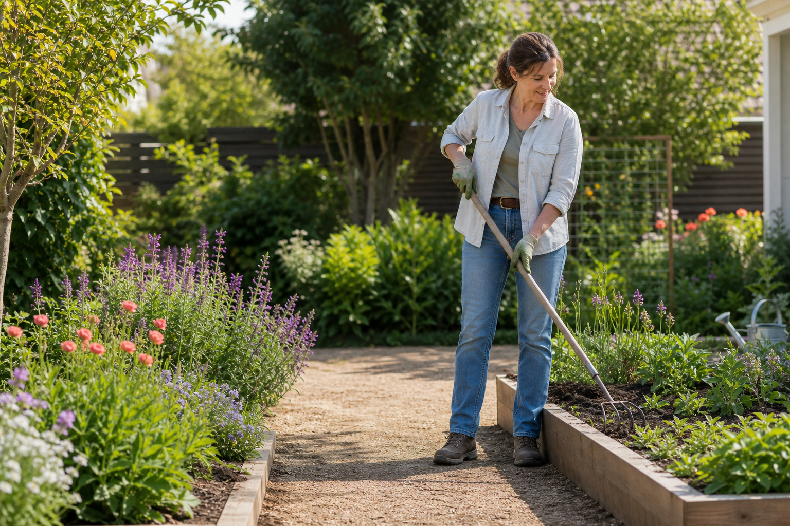 Adult gardener standing on a firm path and using a long-handled cultivator beside raised garden beds