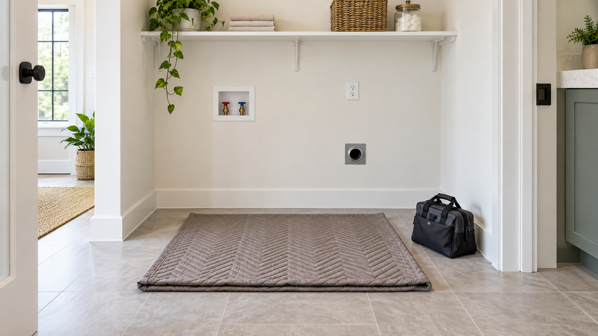 Bright empty laundry alcove prepared for service with a folded floor-protection mat, accessible utility points and a closed tool bag