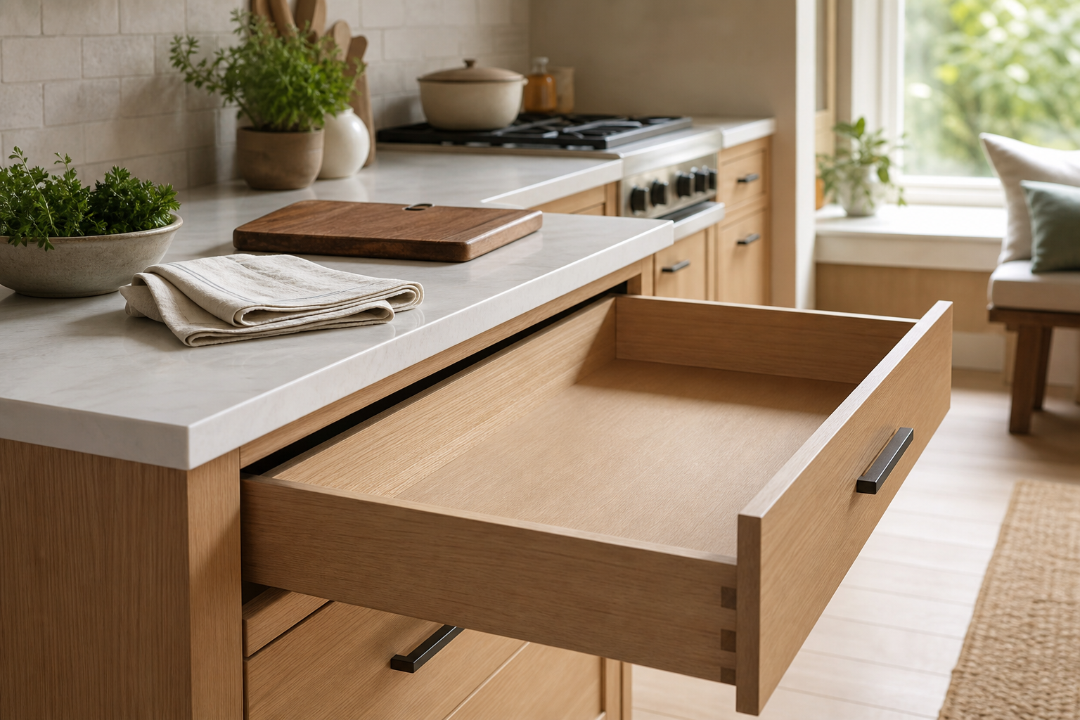 Bright modern kitchen with a wide empty wood drawer open beneath a clean preparation counter