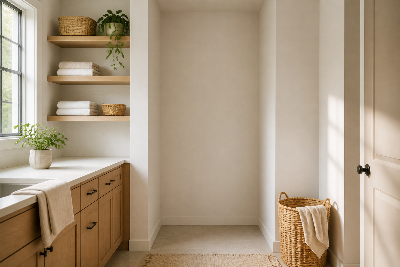 Bright modern laundry room with an empty floor-to-ceiling appliance alcove, light oak cabinets, folded plain towels, woven baskets, green plants, and soft daylight