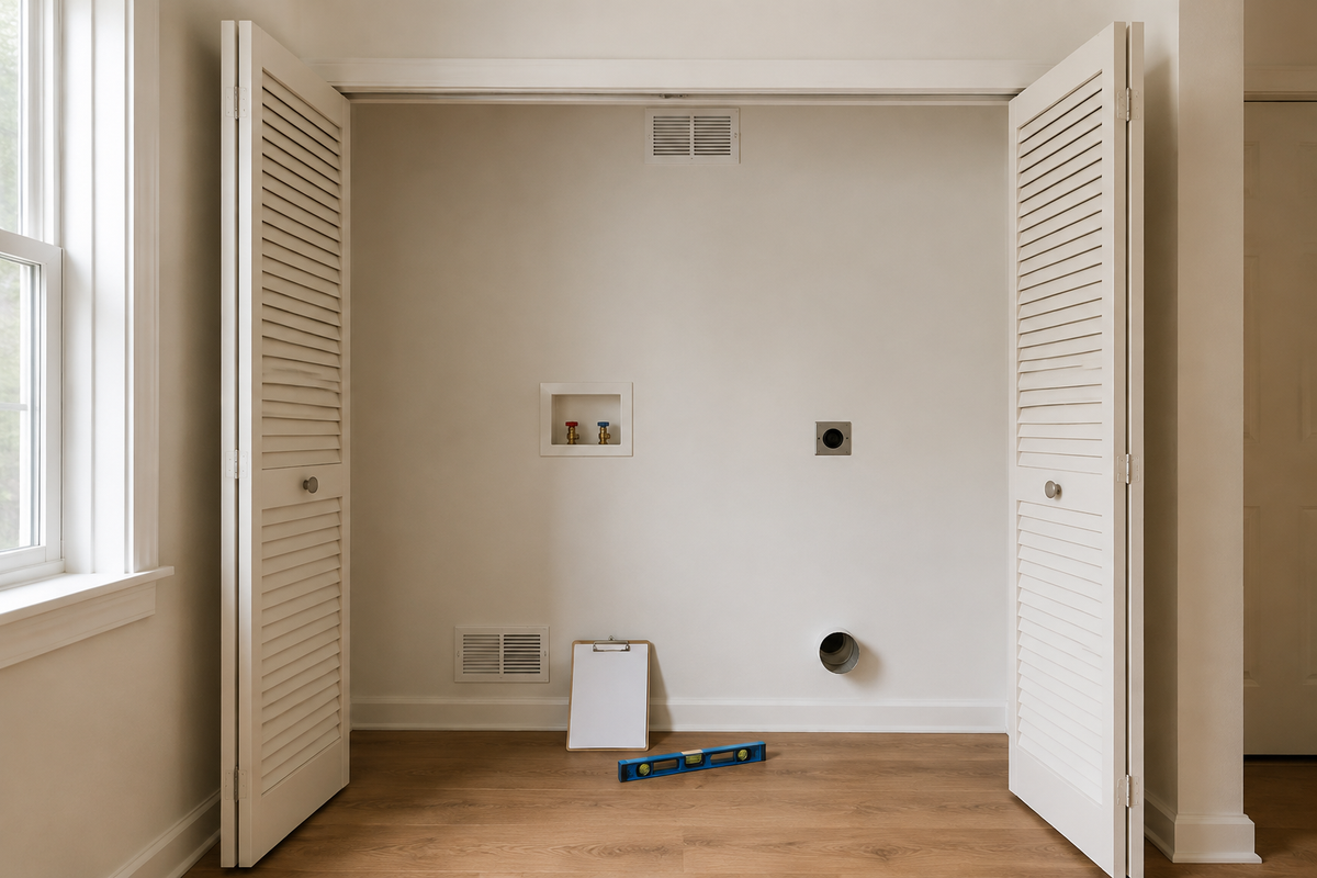 Empty residential laundry closet with open louvered doors, generic wall hookups, ventilation grilles, a blank clipboard and a bubble level on a dry wood-look floor