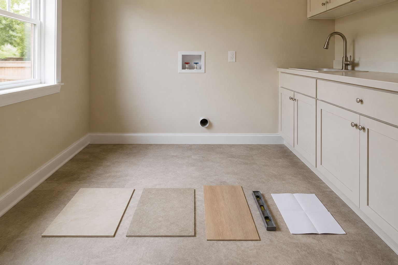 Empty residential laundry room with porcelain tile, stone-look vinyl and light oak-look laminate samples arranged on a dry floor beside a bubble level