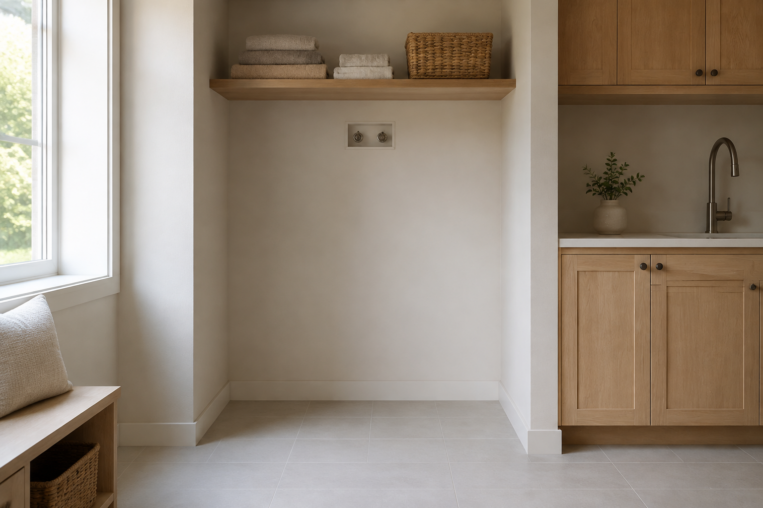 Empty laundry appliance alcove with pale tile floor, recessed water connections, oak cabinets, utility sink and folded towels in natural daylight