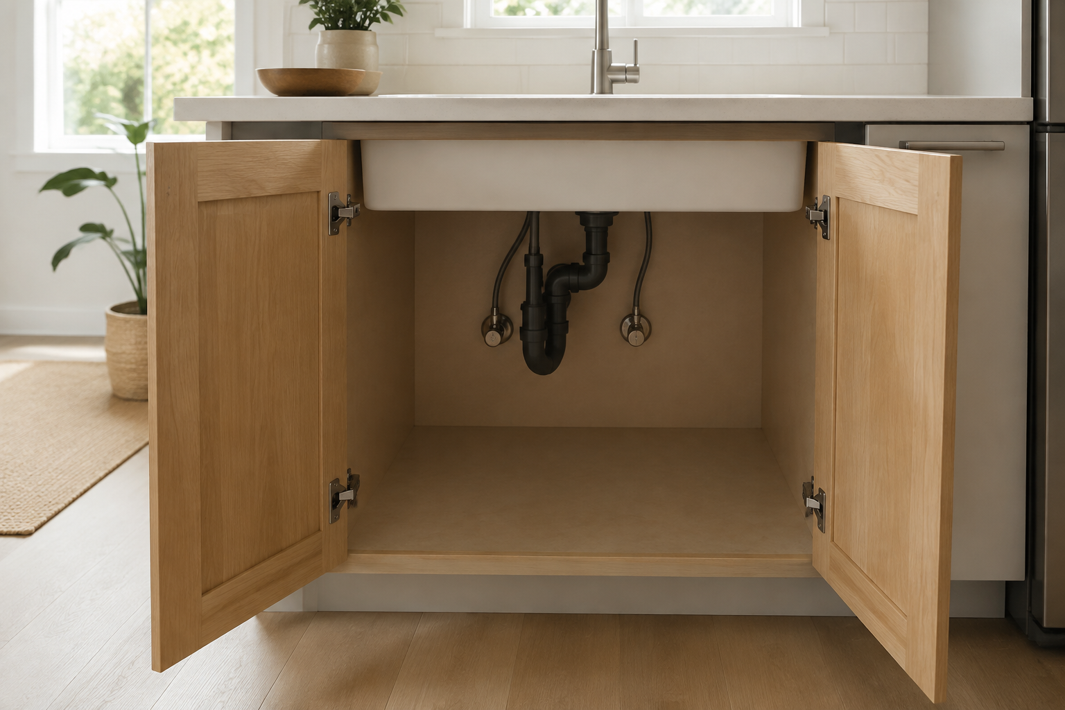 Empty oak kitchen sink cabinet with open doors, visible drain trap, supply lines and shutoff valves in a bright dry room