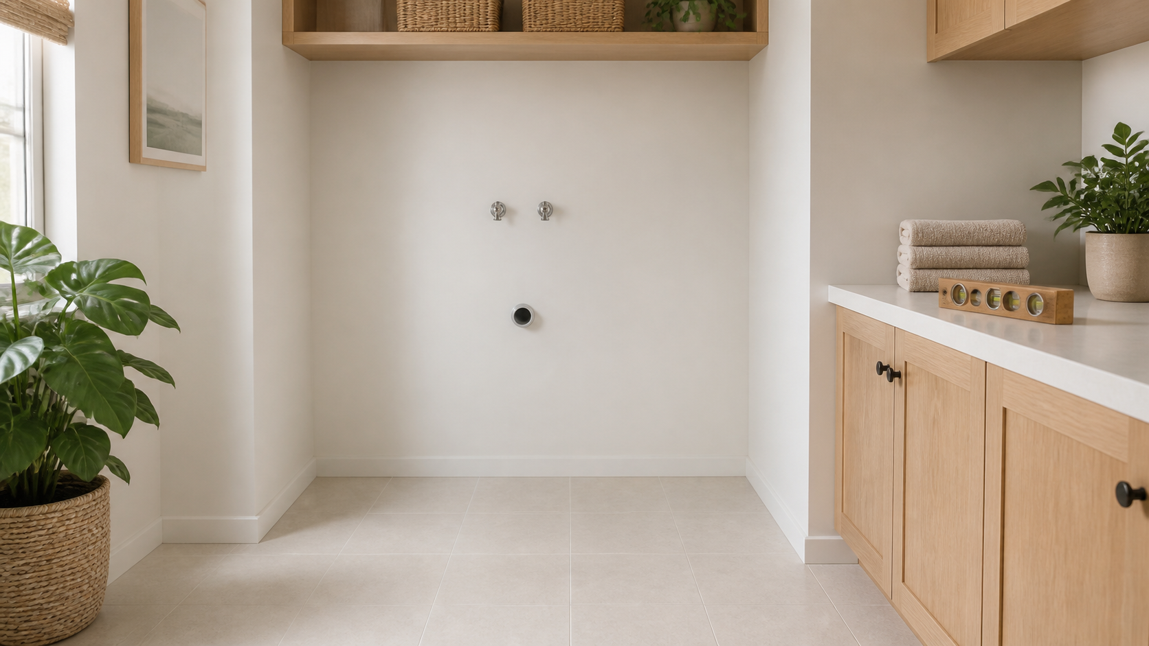 Empty modern laundry alcove with water connections, a drain opening, pale tile floor, folded neutral towels, plants, and a plain bubble level on a fixed counter