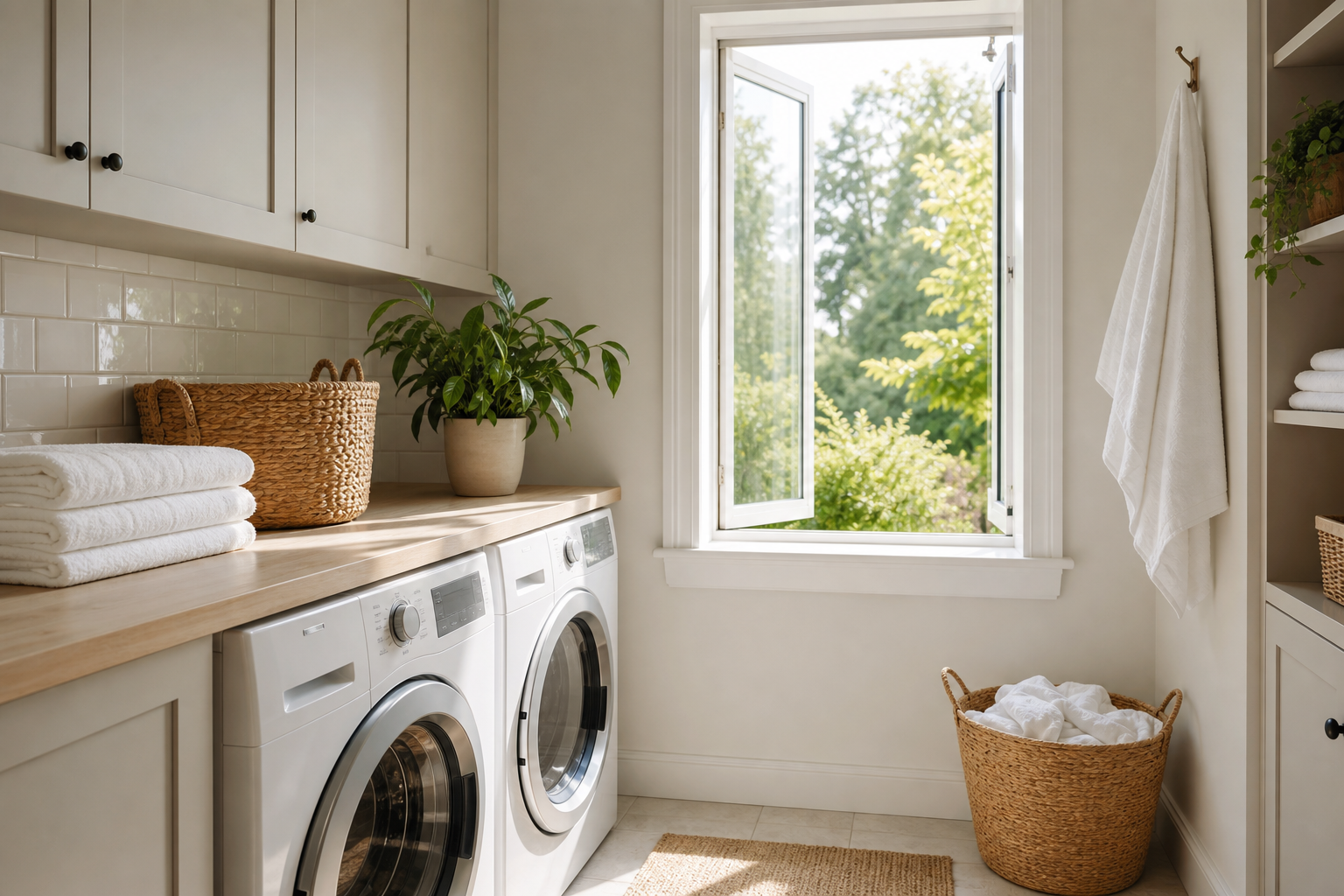 Bright modern home laundry room with an open window, folded towels, woven baskets, and indoor plants