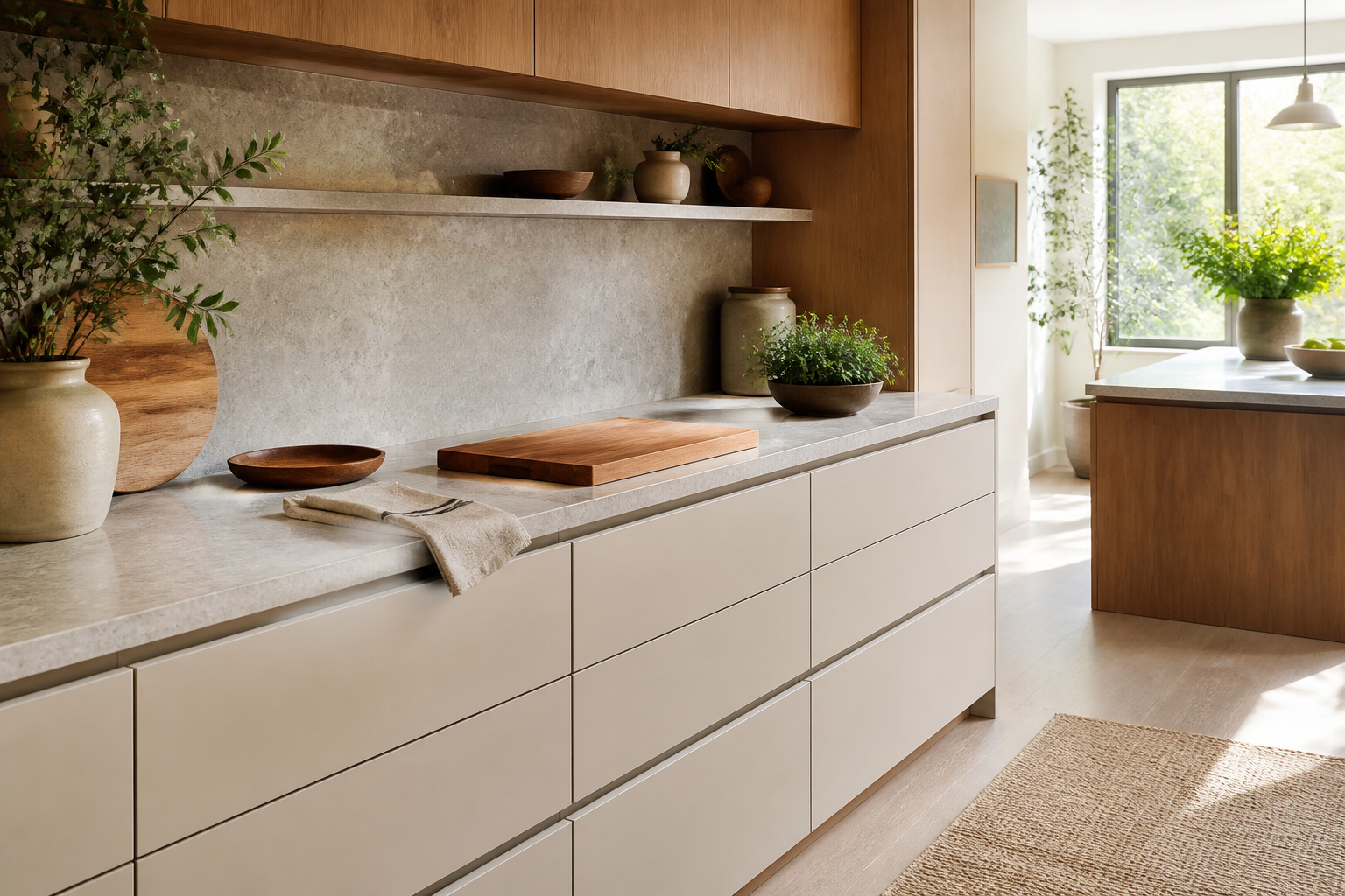 Warm modern kitchen with closed drawers, a clear stone counter, wooden cutting board and fresh herbs in morning light