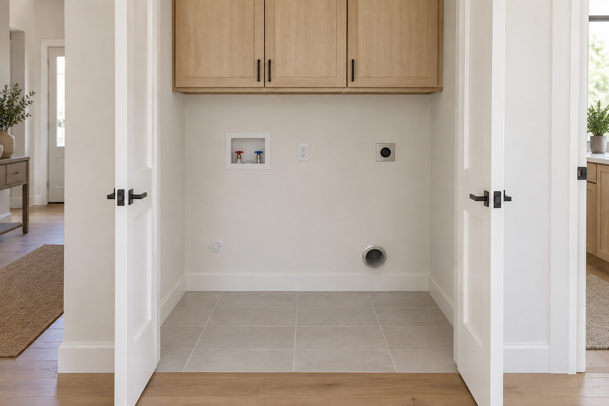 Bright empty laundry alcove with open doors, tiled floor, overhead cabinets and visible utility connections ready for careful measurement
