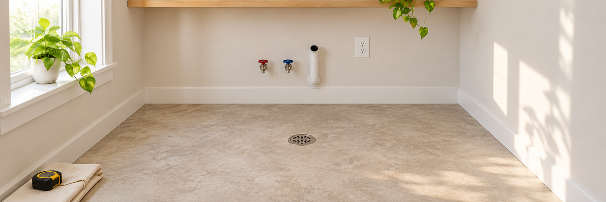 Empty sunlit laundry alcove with an unobstructed round floor drain, unlabeled water valves, standpipe, outlet, folded drop cloth and closed tape measure