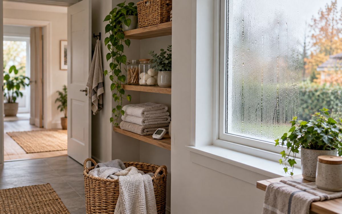 Tidy utility-room corner with folded towels, an open doorway and condensation on a large window