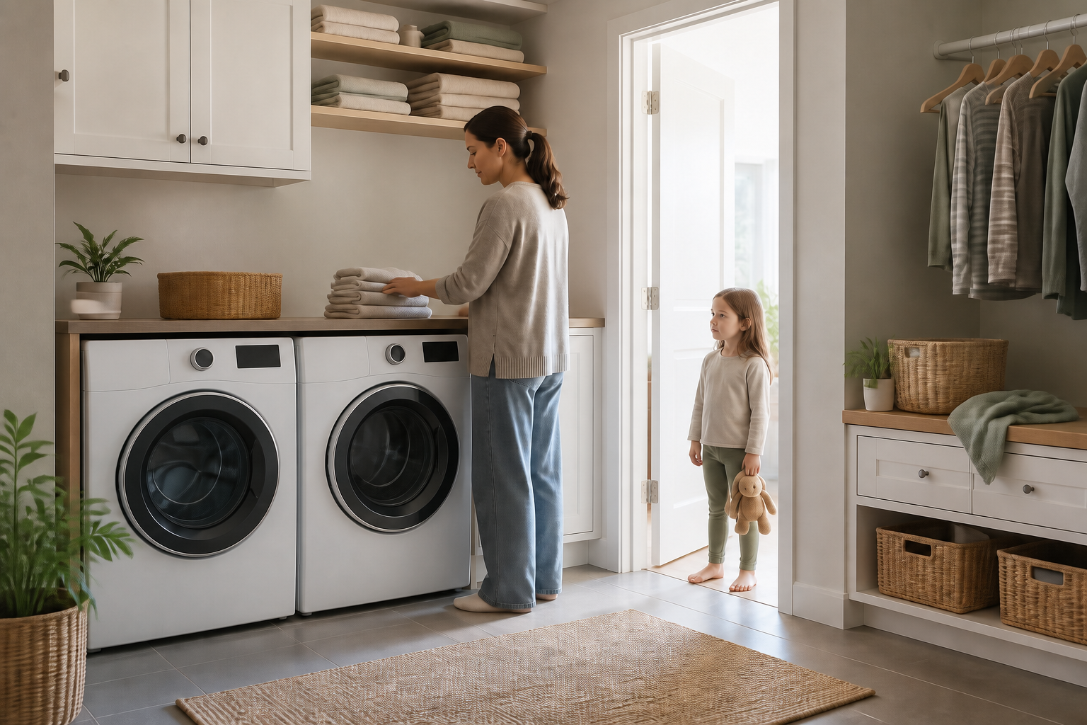 Adult folding towels in a bright unbranded laundry room while a child waits at the doorway and both front-loading appliances stand directly on the floor