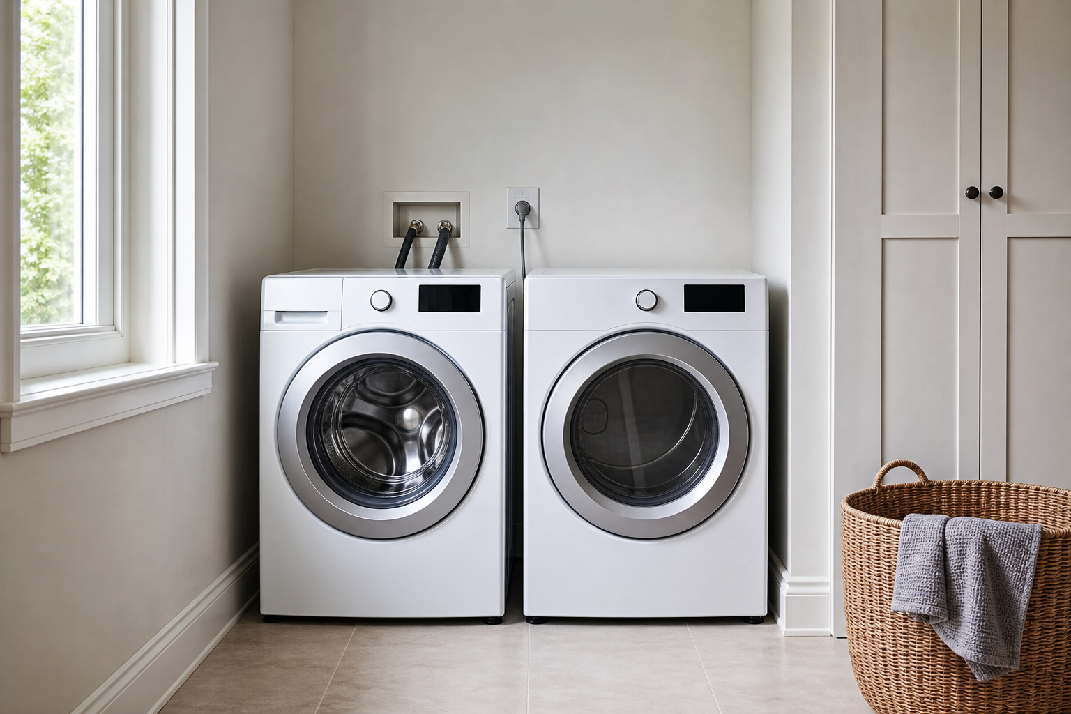 Two unbranded front-loading laundry appliances standing side by side in a bright compact home laundry room before a stacking decision