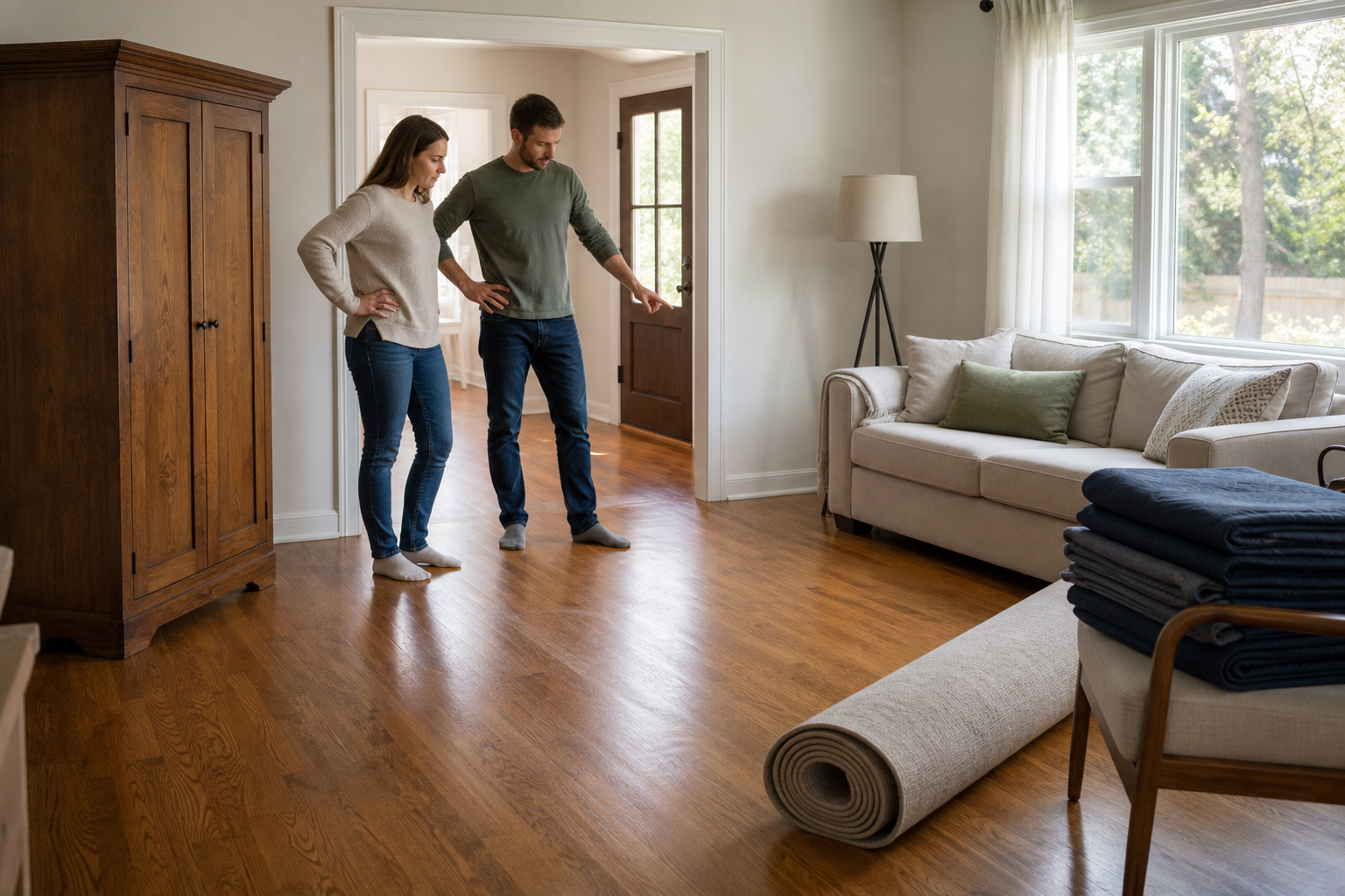 Two adults planning a furniture rearrangement beside a clear hardwood-floor route, with a cabinet and sofa resting directly on the floor