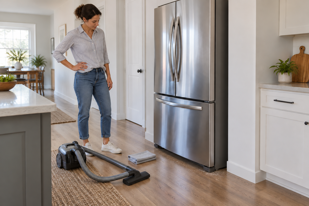 Homeowner preparing a vacuum and folded cloth beside a refrigerator in a clear kitchen work area