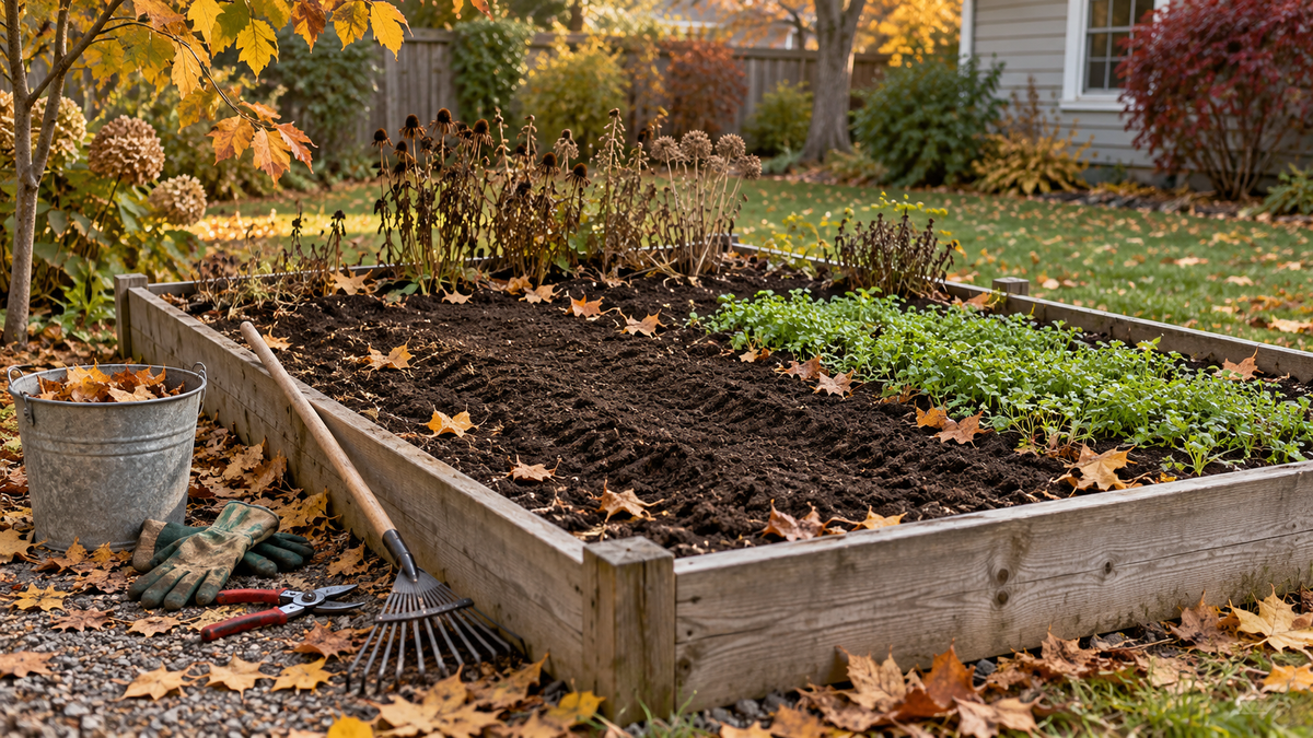 Raised garden bed with raked soil, retained seed heads, a green cover crop patch and fall cleanup tools