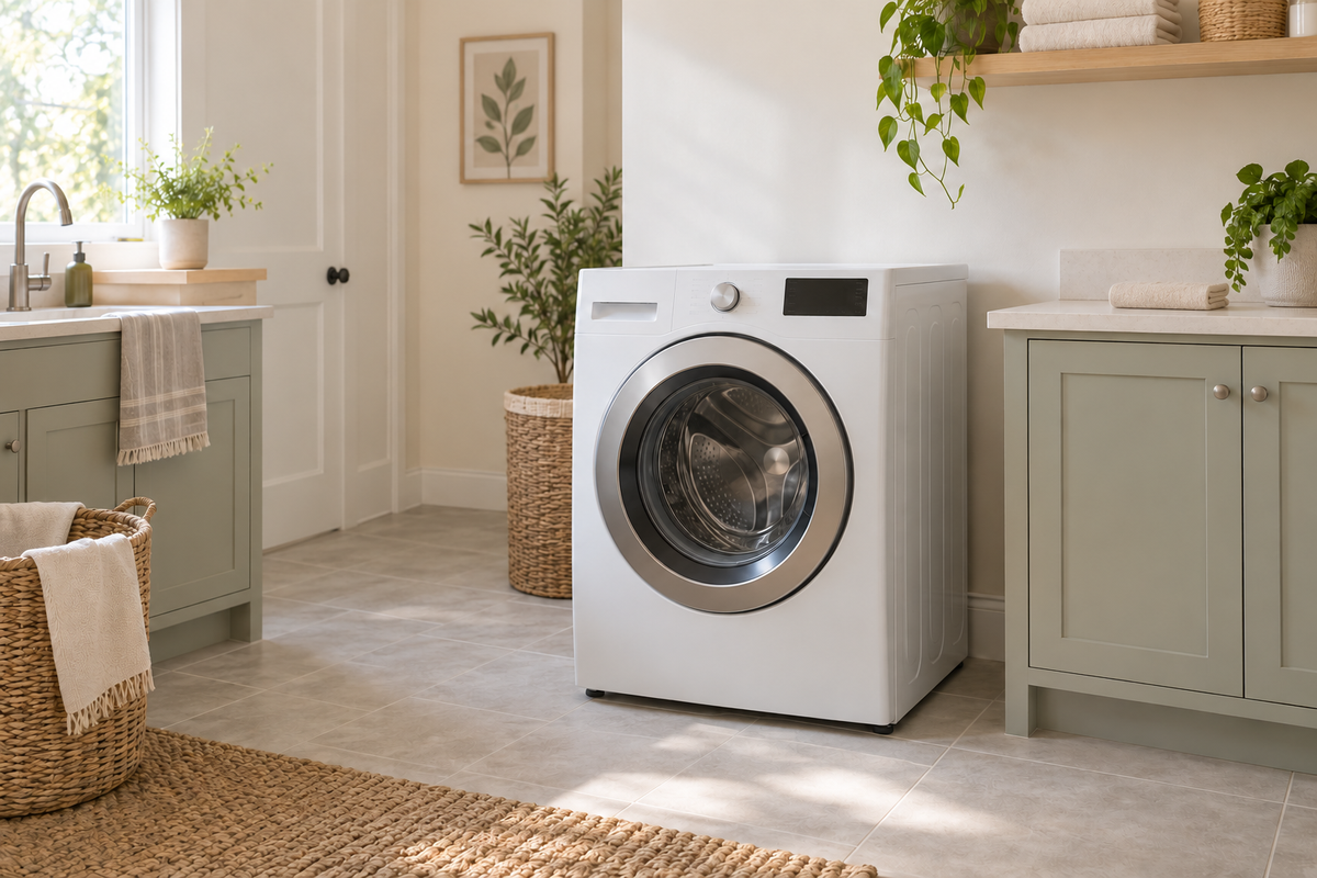 Bright home laundry room with an unbranded front-load washer standing directly on a level tile floor