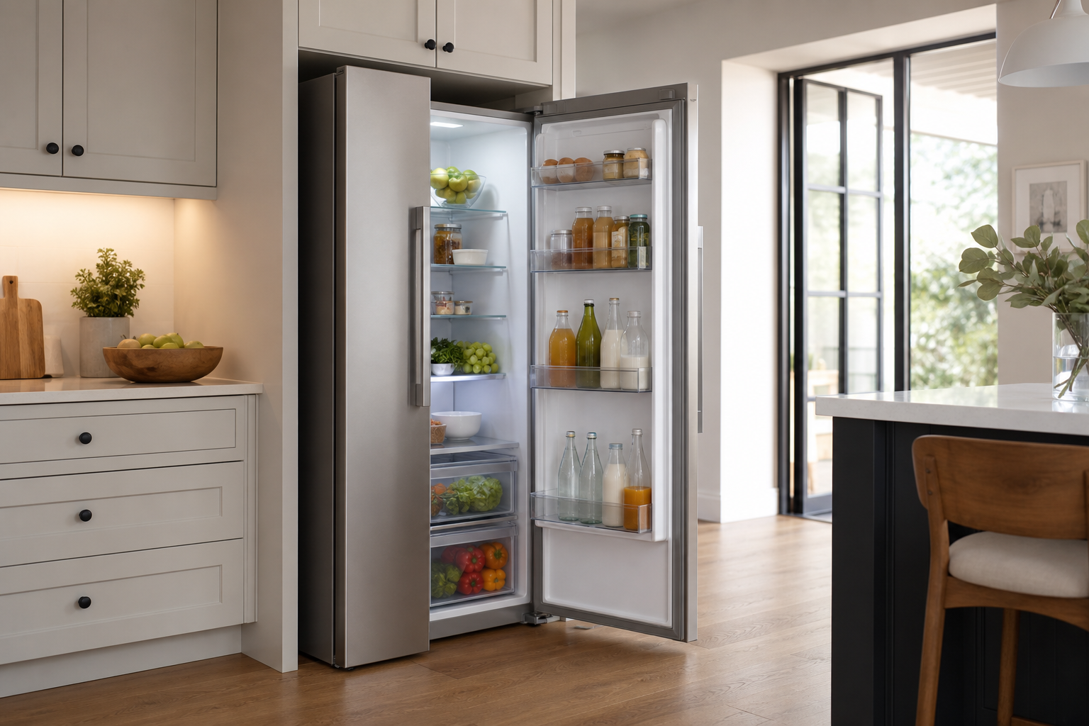 Bright modern kitchen with an unbranded freestanding refrigerator resting directly on the floor and one door open to show its swing clearance