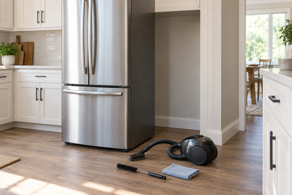 Bright home kitchen with a refrigerator pulled forward and a vacuum, soft brush and cloth ready for floor and coil-area cleaning