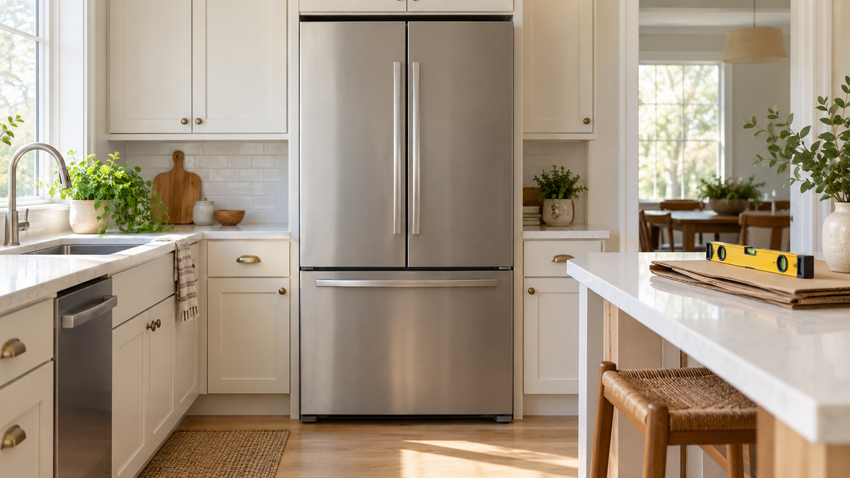 Sunlit neutral home kitchen with an unbranded French-door refrigerator standing directly on the floor and a bubble level beside folded floor-protection cardboard