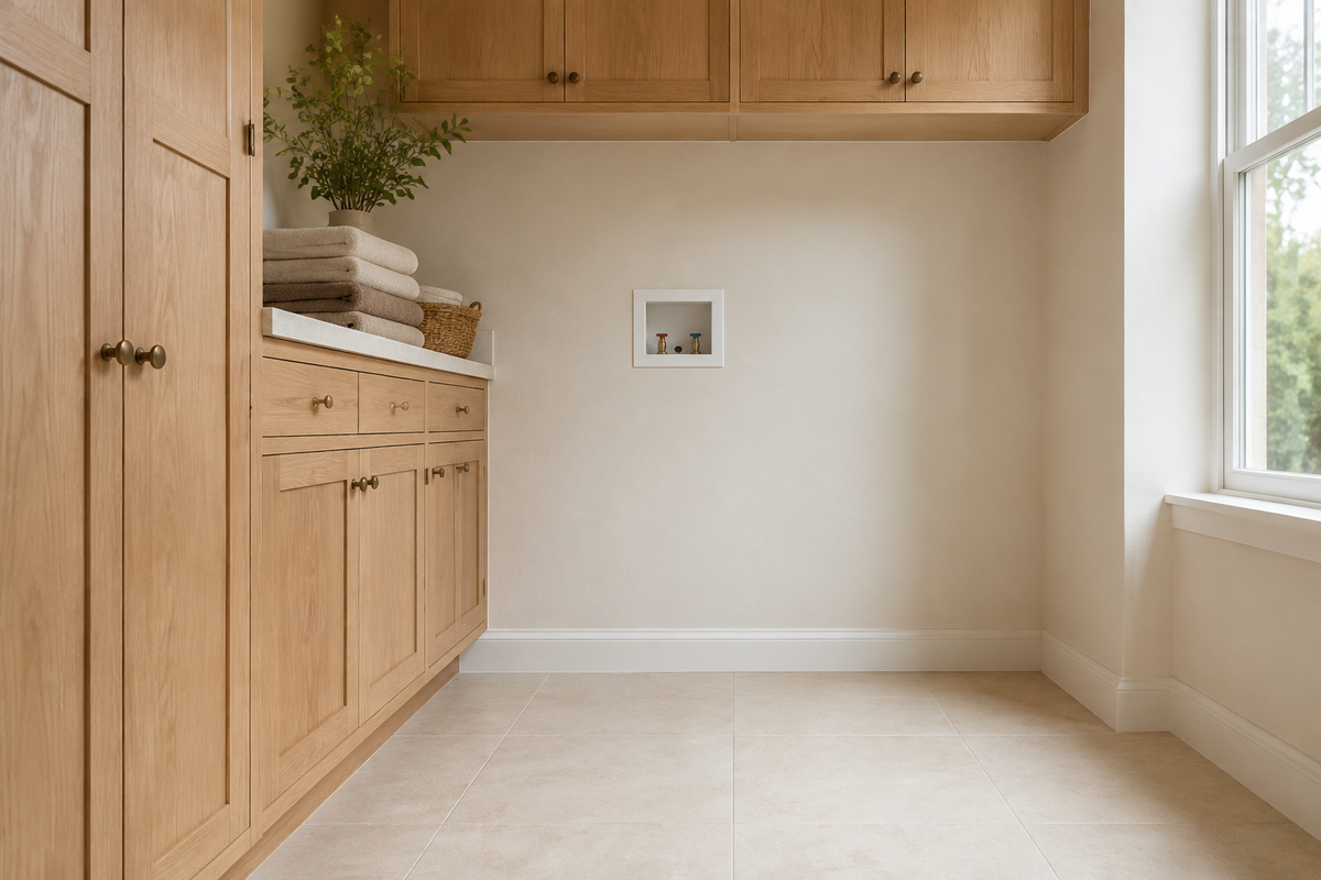 Empty laundry appliance alcove with pale tile floor, recessed plumbing connections, oak cabinets and folded towels in natural daylight