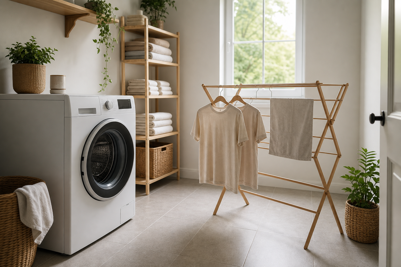 Compact home laundry room with a single floor-standing washer and lightweight clothes spaced on a separate wooden drying rack