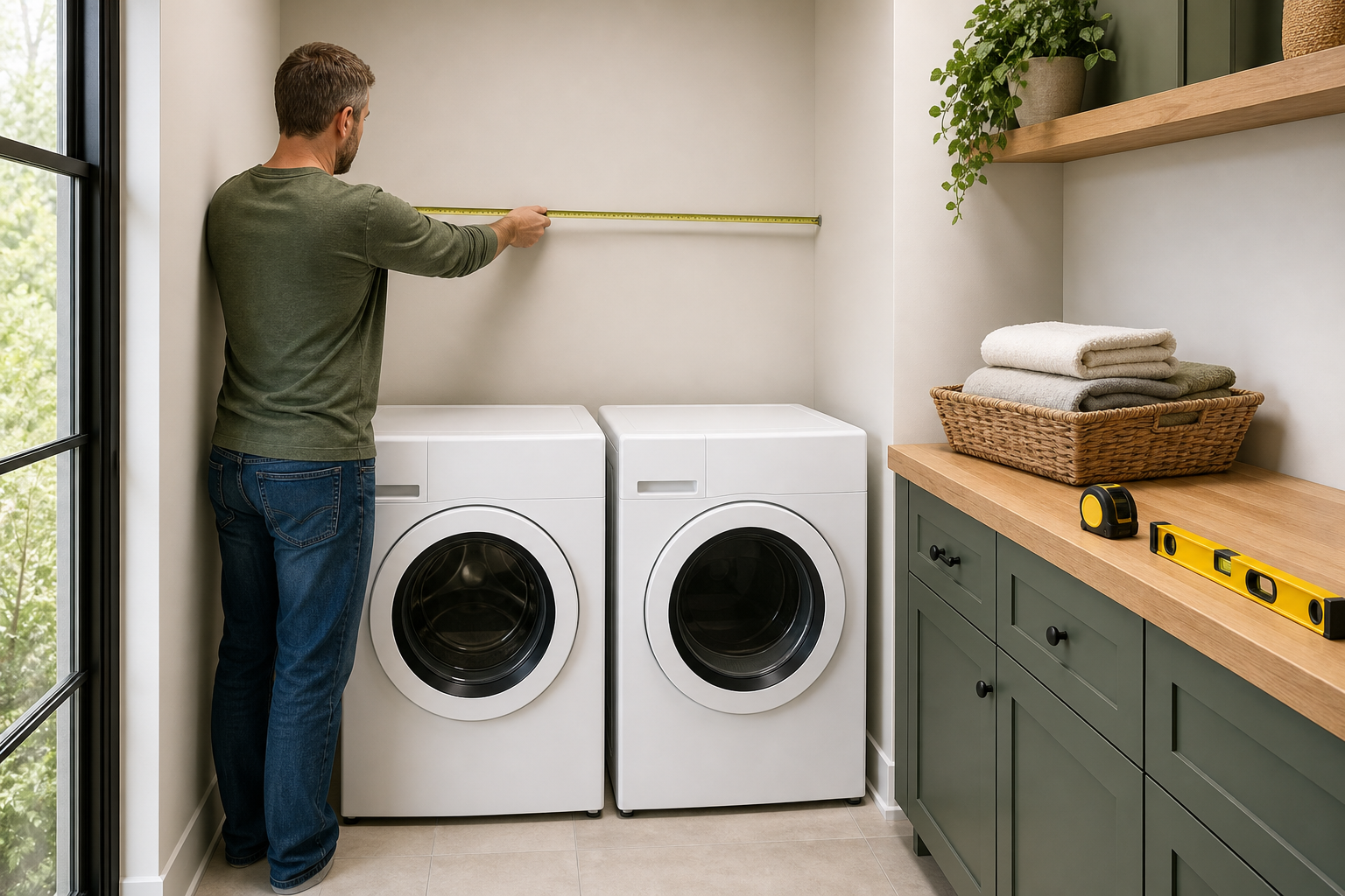 Person measuring blank wall space above two unbranded side-by-side front-load laundry appliances in a bright compact laundry room