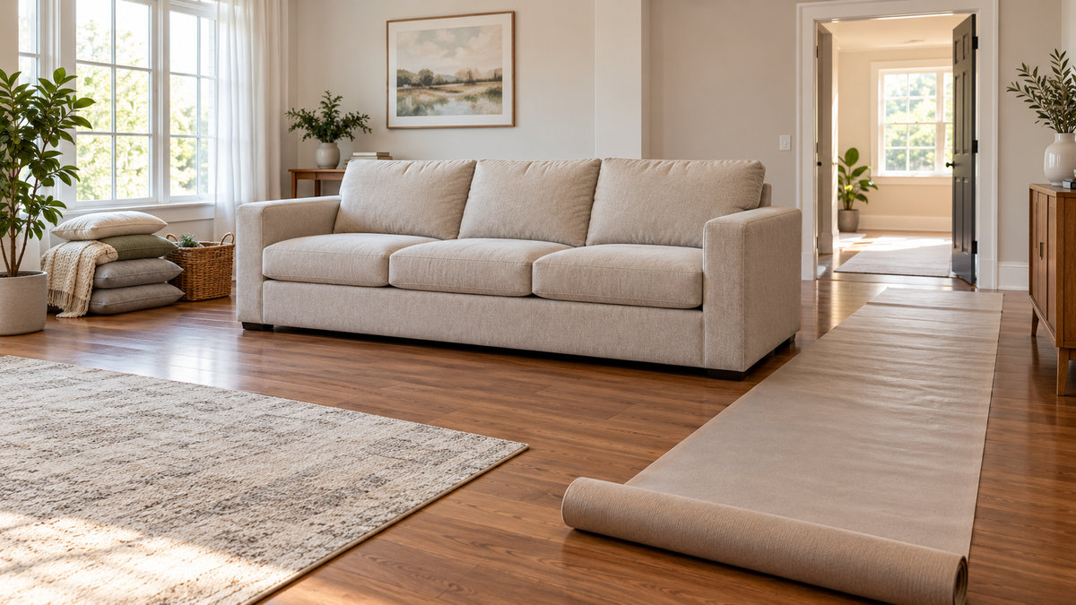 Bright living room prepared for a sofa move with a clear hardwood route and a rolled protective floor runner