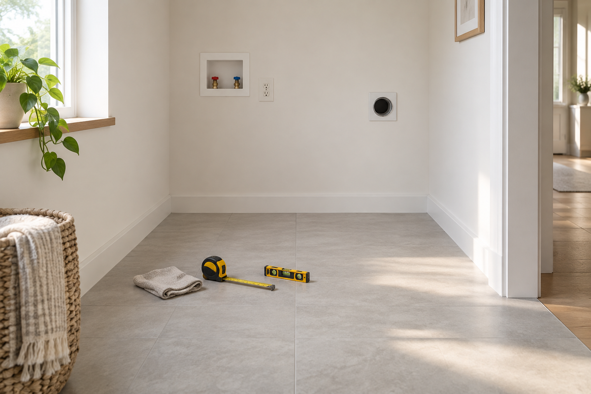 Empty modern laundry alcove with a tape measure and bubble level ready for floor and clearance planning