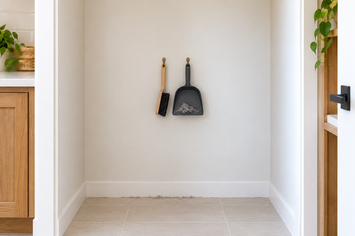 Empty bright laundry alcove with a hand brush and dustpan holding collected lint on the rear wall