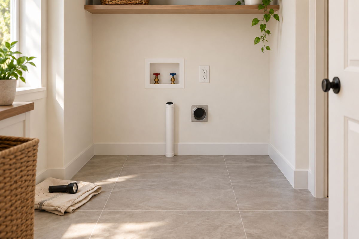 Empty sunlit laundry alcove with water valves, drain standpipe, dryer vent port, outlet, tile floor and clear working space