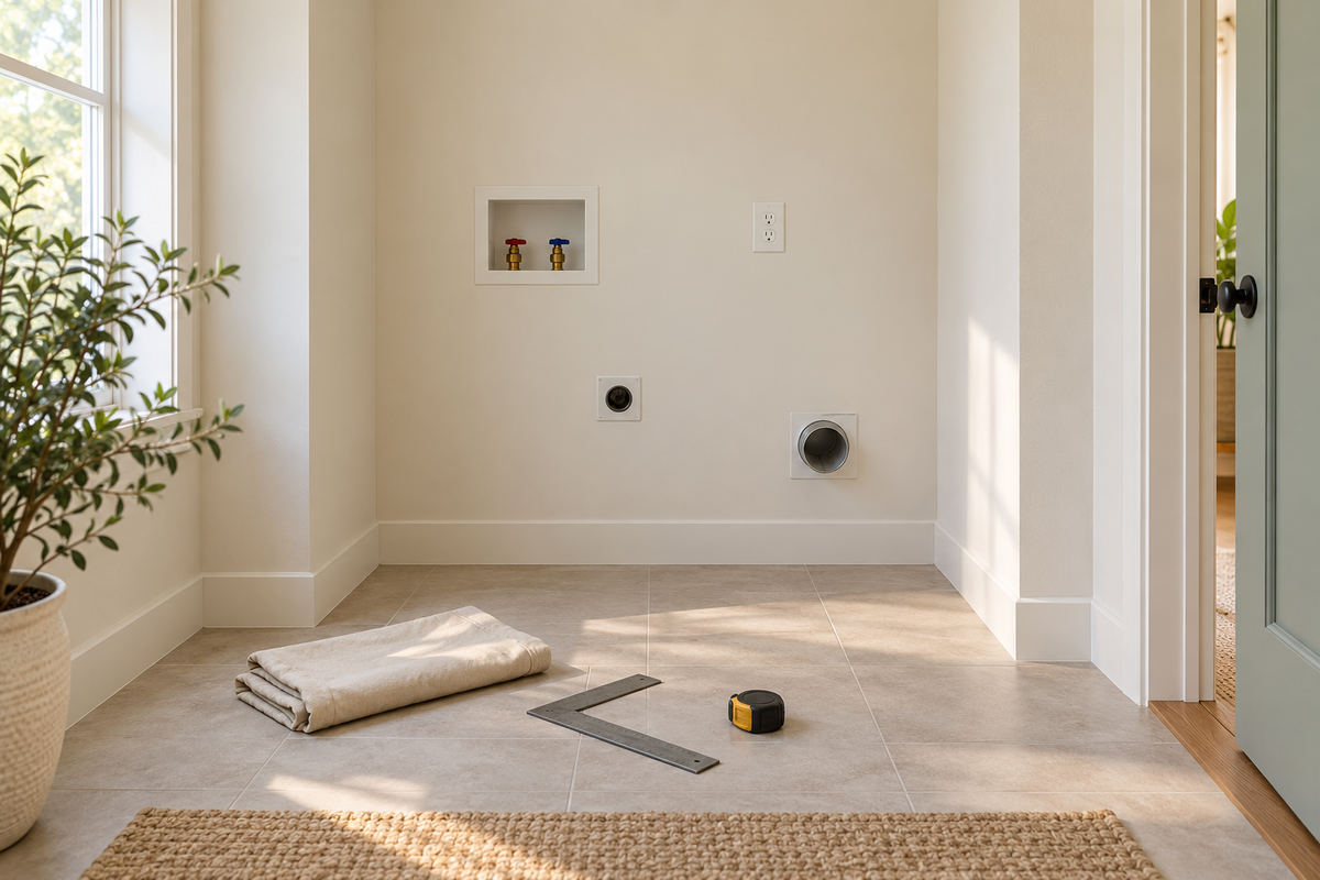 Empty sunlit laundry alcove with unlabeled utility connections, a folded drop cloth, carpenter square and closed tape measure for depth planning