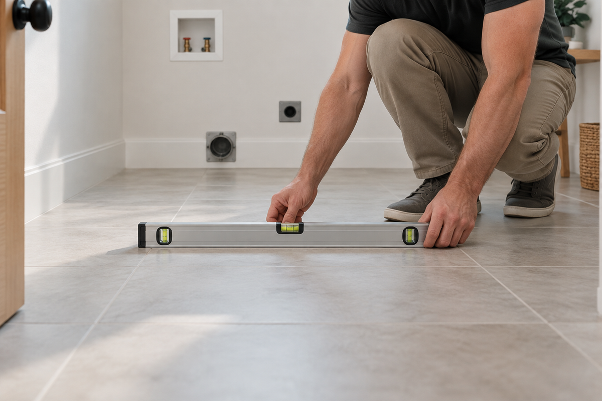 Homeowner checking the flatness of an empty tiled laundry alcove floor with an unbranded spirit level before appliance installation