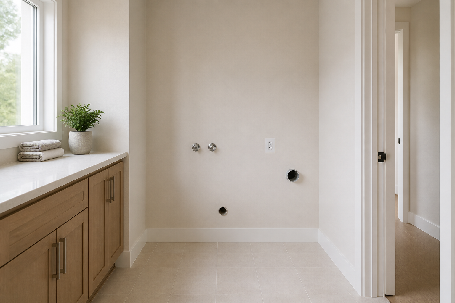Empty modern laundry alcove with a clear tile floor, wall-mounted water valves, drain and vent openings, an electrical outlet, folded neutral towels, and an unobstructed doorway