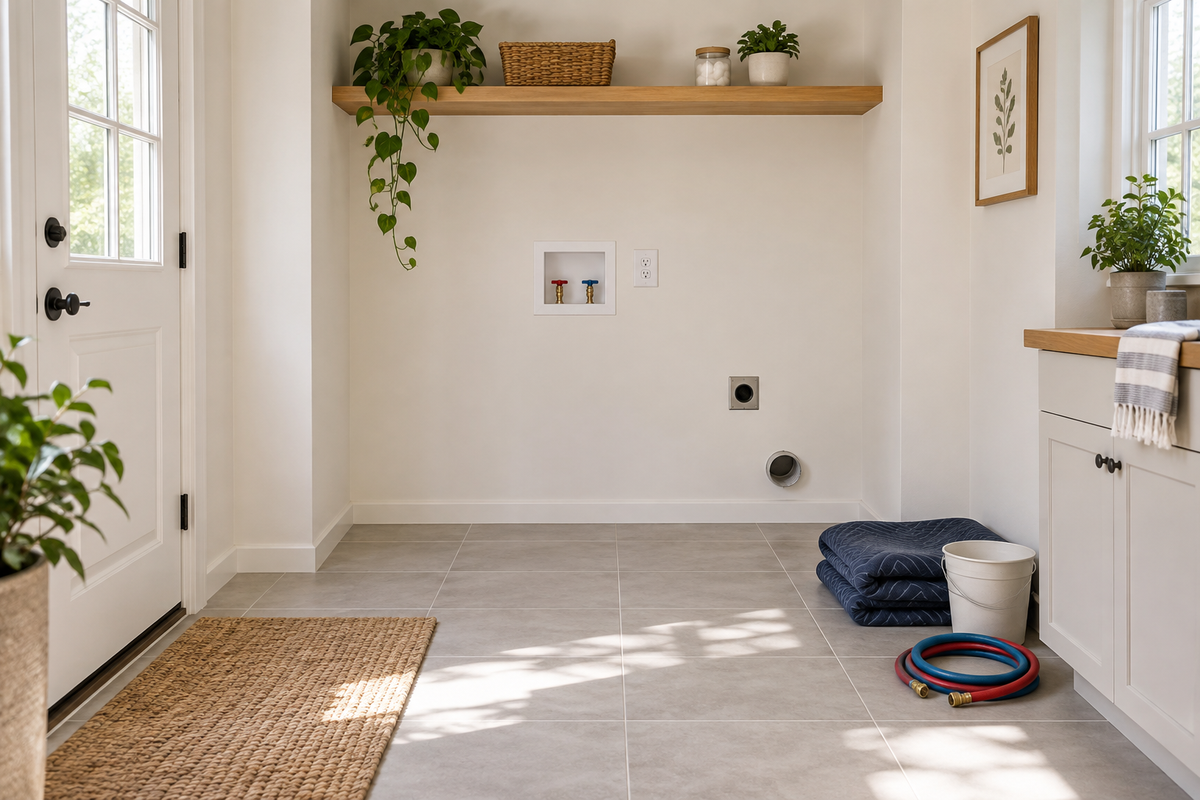 Bright empty home laundry alcove with water hookups, electrical outlet, drain, vent opening, folded moving blankets and disconnected hoses