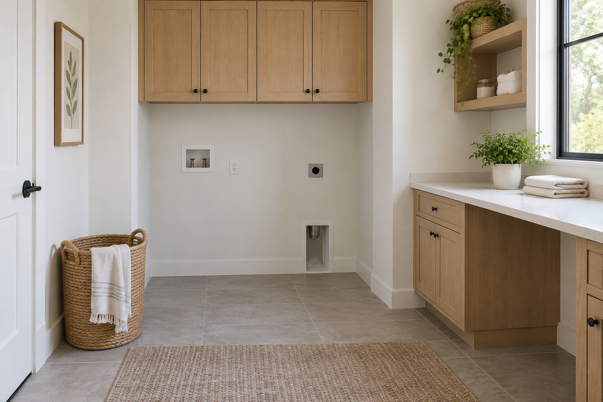 Bright empty laundry alcove with utility connections, oak cabinets, a separate built-in folding counter and a woven laundry basket