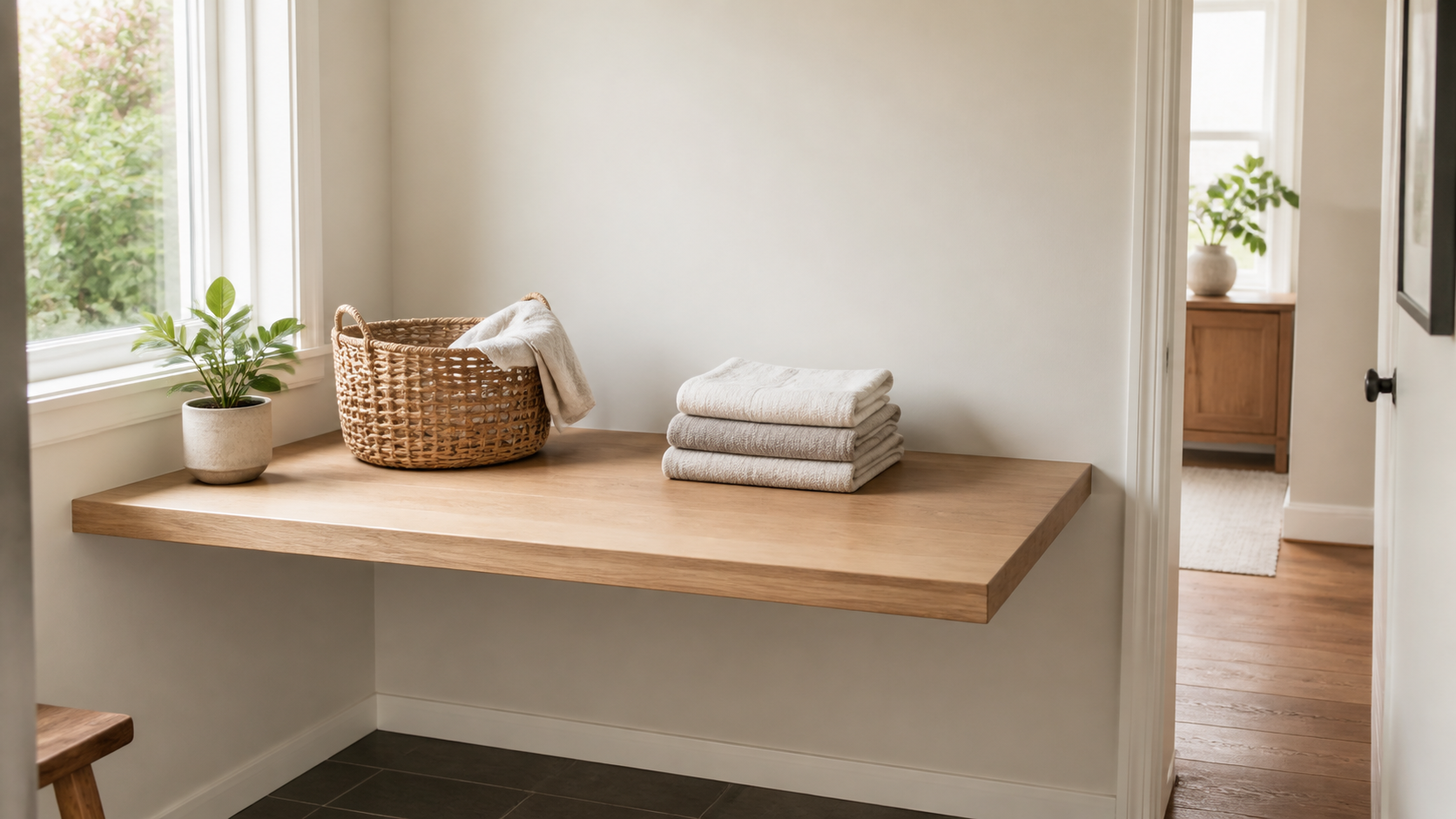 Product-free home laundry folding corner with a fixed wood countertop, woven basket, folded neutral towels, a plant, and soft daylight