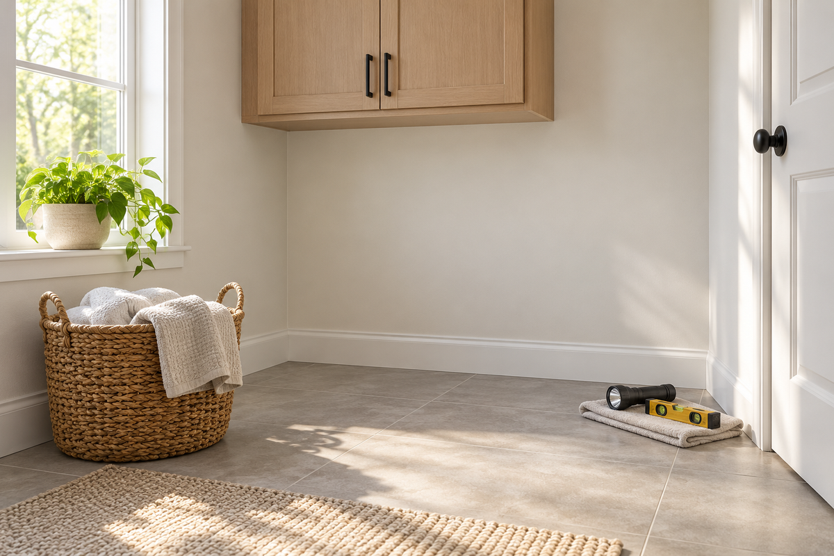 Sunlit empty laundry alcove with a rigid tile floor, folded towels, woven basket, flashlight and bubble level