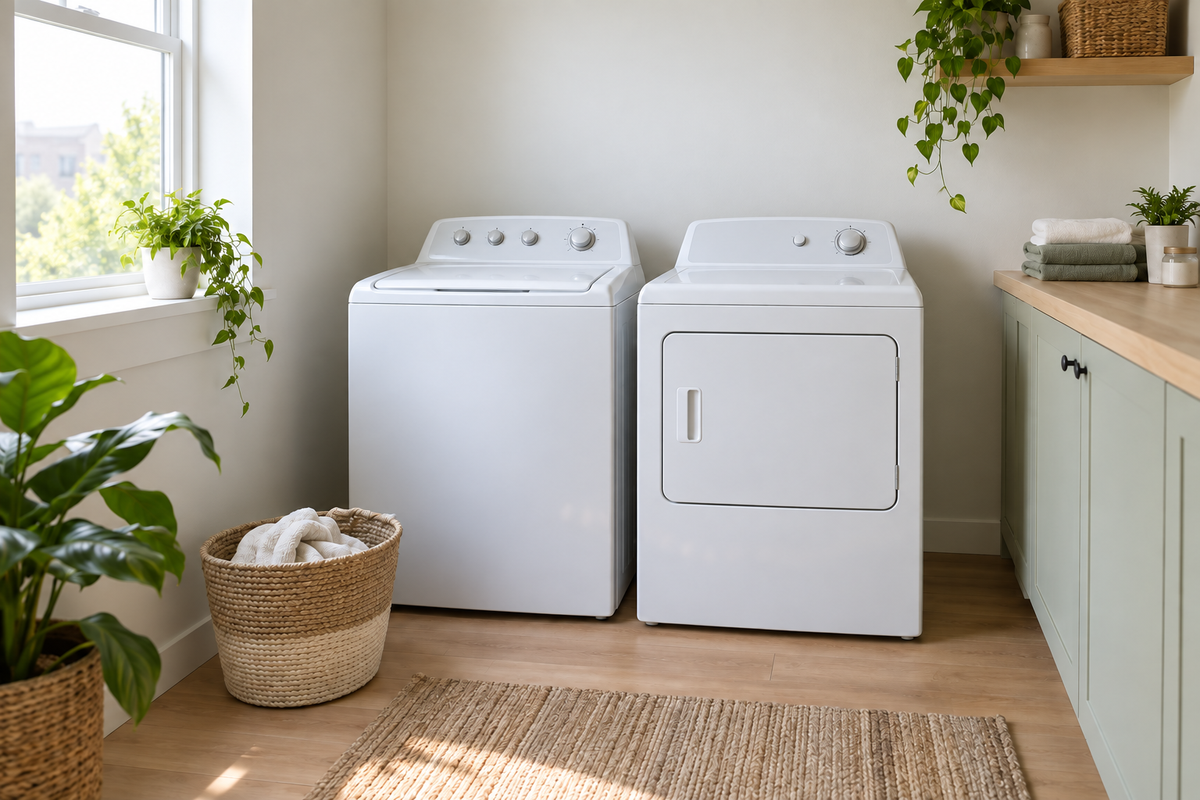 Generic top-loading washer and separate dryer standing side by side in a bright compact home laundry room