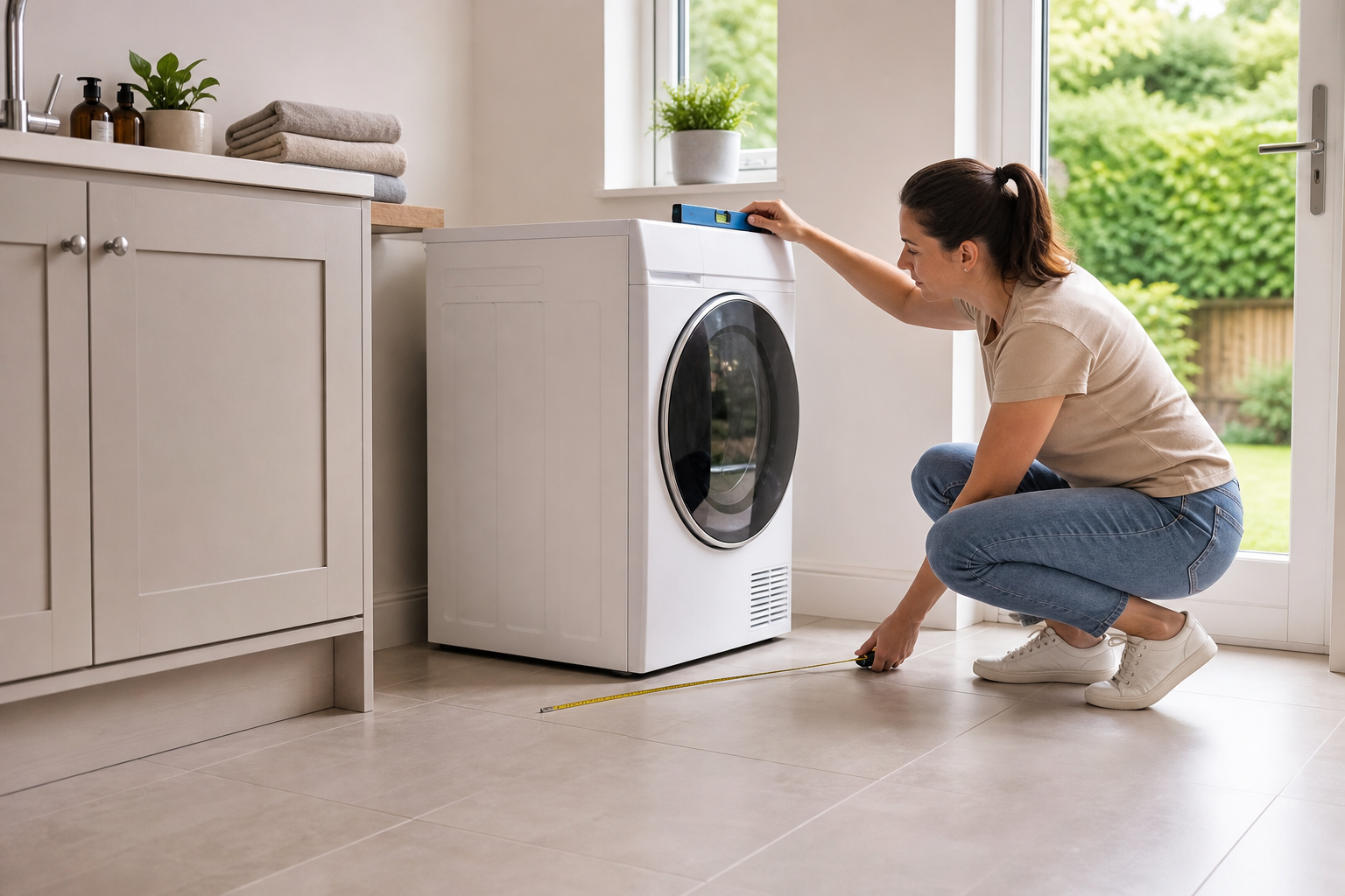 Homeowner measuring floor space beside an unbranded front-loading tumble dryer standing directly on a tiled laundry-room floor