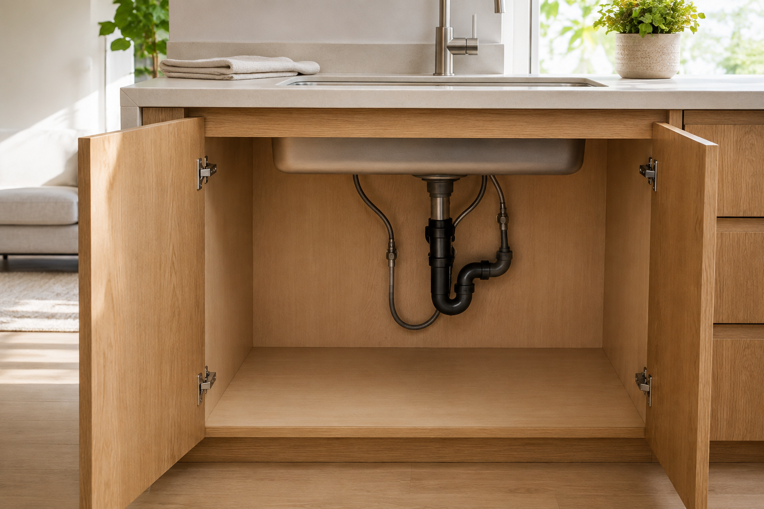 Warm modern kitchen with open empty under-sink cabinet, visible plumbing and cabinet hinges in natural morning light