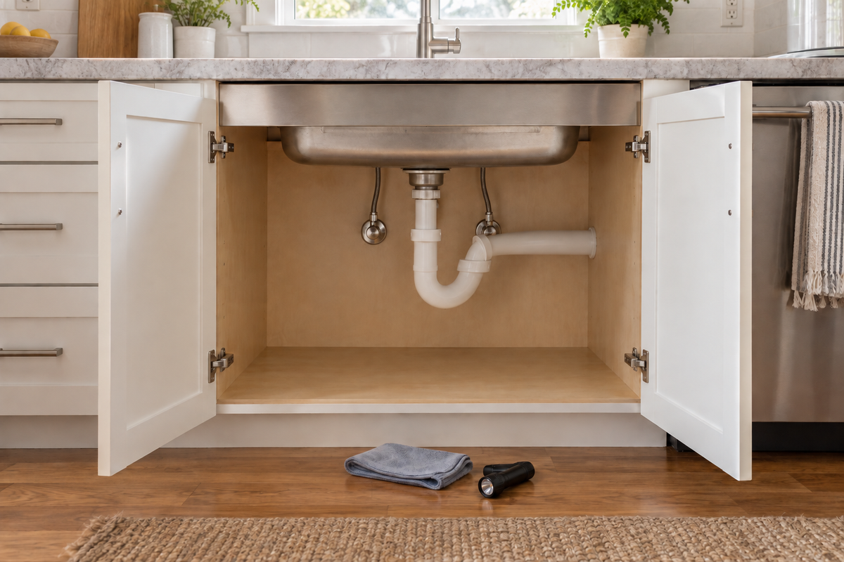 Empty dry kitchen sink cabinet with exposed plumbing, folded cloth and flashlight ready for inspection