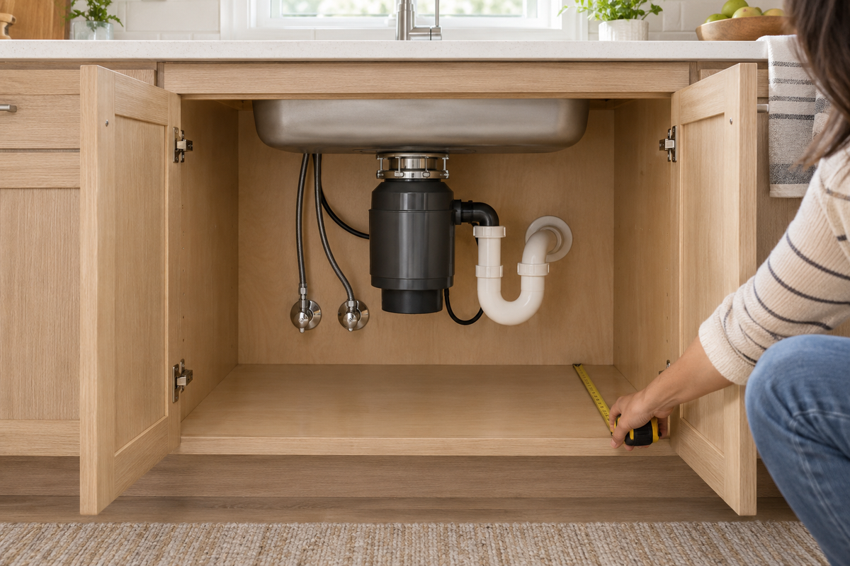 Homeowner measuring an empty dry kitchen sink cabinet around a garbage disposal, drain trap and shutoff valves