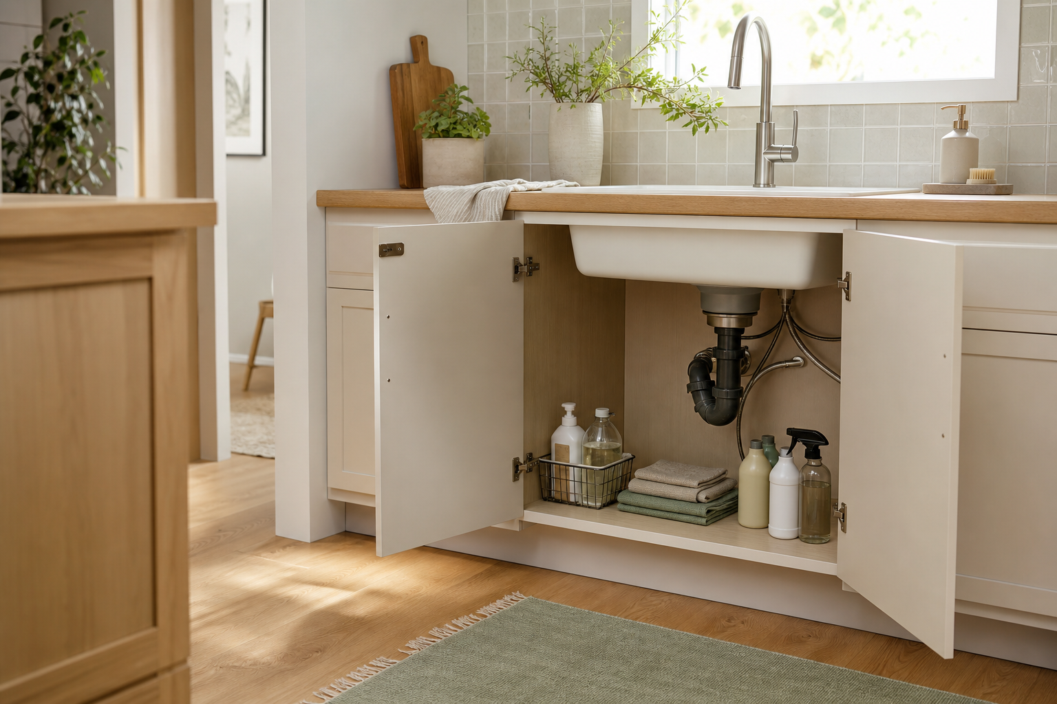 Bright modern kitchen with an open under-sink cabinet, visible plumbing, folded cloths, and unbranded bottles